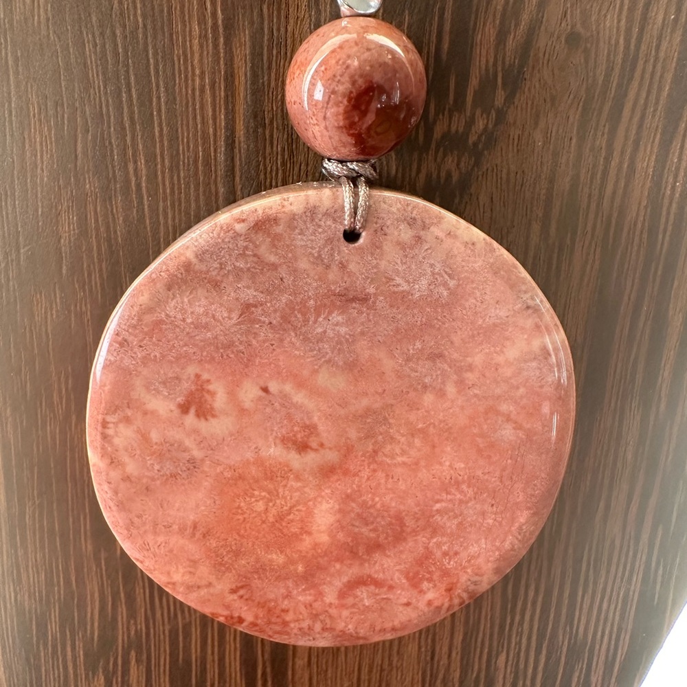 Coral Fossil Carved Round Bird Pendant Necklace on Tan Adjustable Rope - Picture 11 of 13